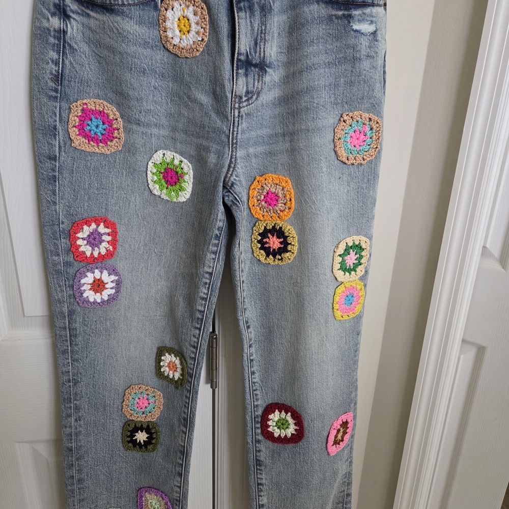 Colorful Crochet Patch Straight Leg Jeans